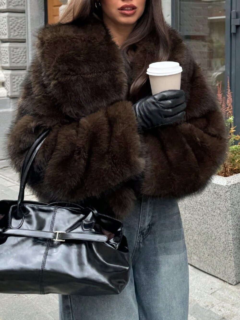 Mocha Brown Casual Women's Faux Fox Fur Coat - Picture 6 of 8